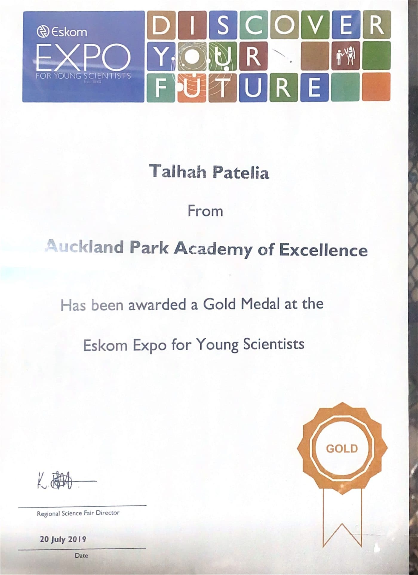 Eskom Expo for Young Scientists certificate awarding Talhah Patelia of Auckland Park Academy of Excellence a gold medal