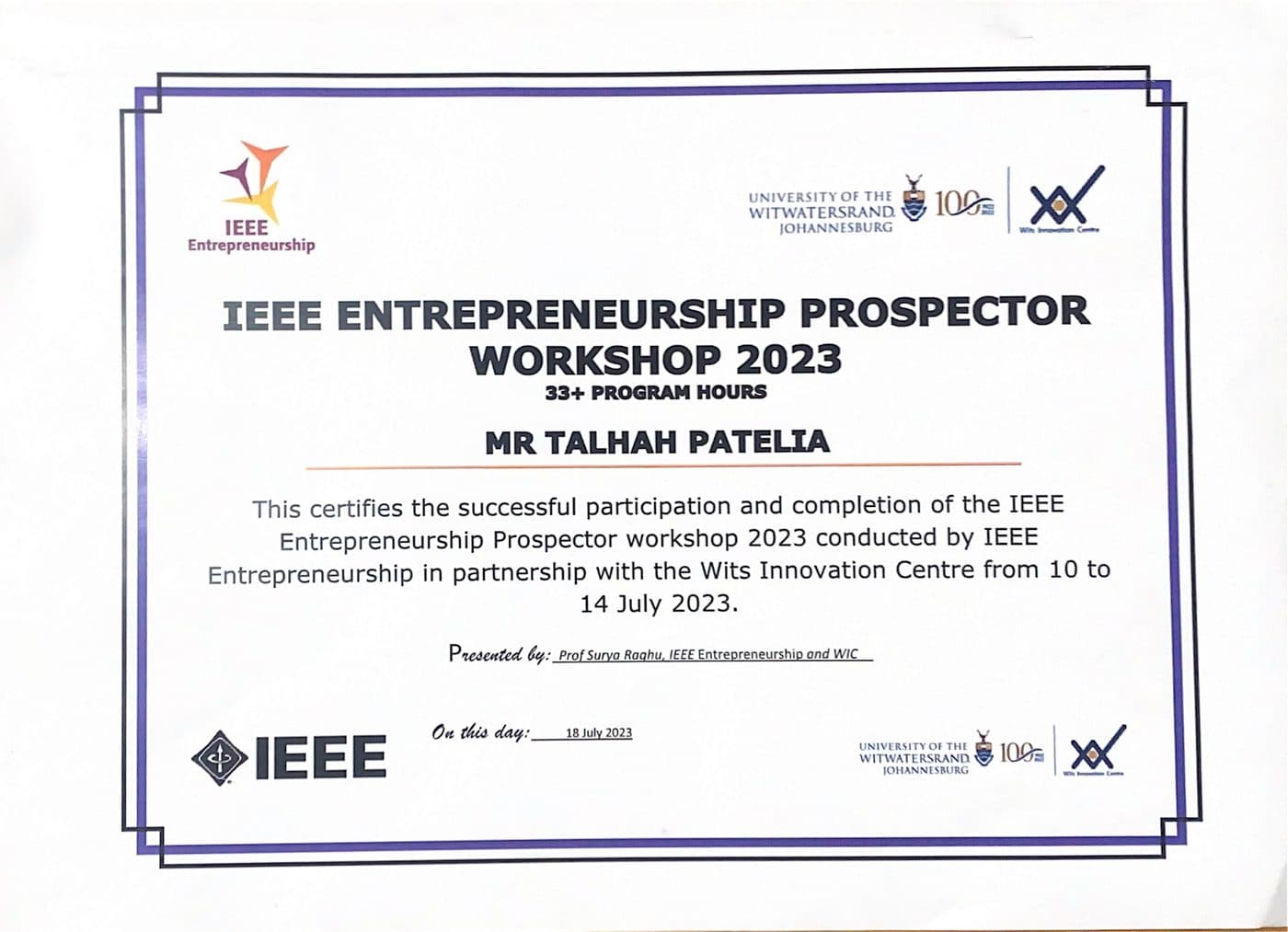 IEEE Entrepreneurship Prospector Workshop 2023 certificate for Talhah Patelia