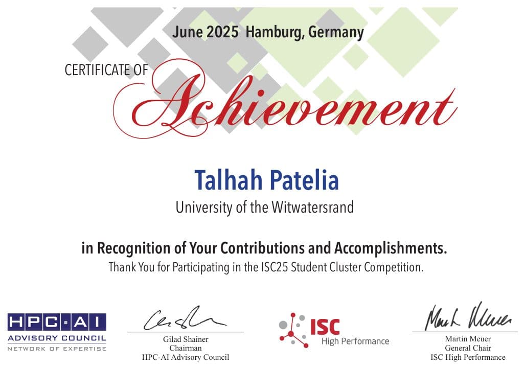 ISC25 Student Cluster Competition certificate of achievement awarded to Talhah Patelia
