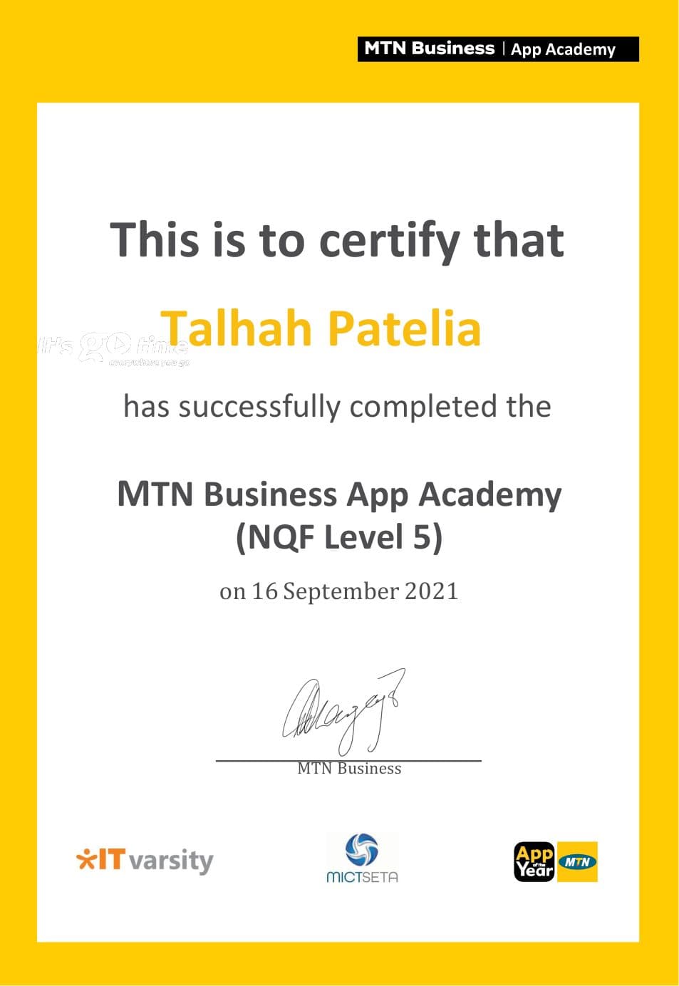 MTN Business App Academy NQF level 5 completion certificate for Talhah Patelia