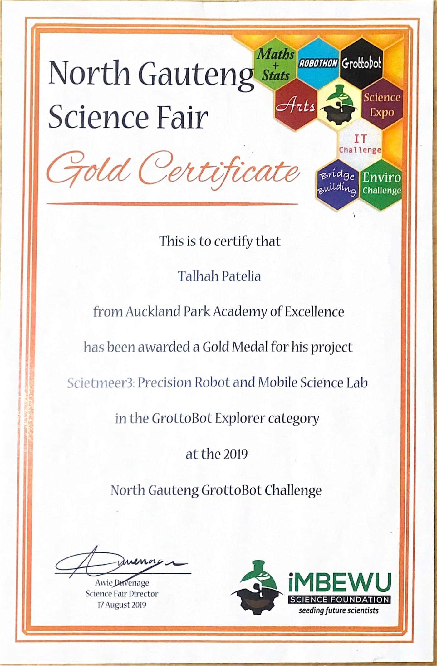 North Gauteng Science Fair gold certificate awarded to Talhah Patelia for Scietmeer3, a precision robot and mobile science lab