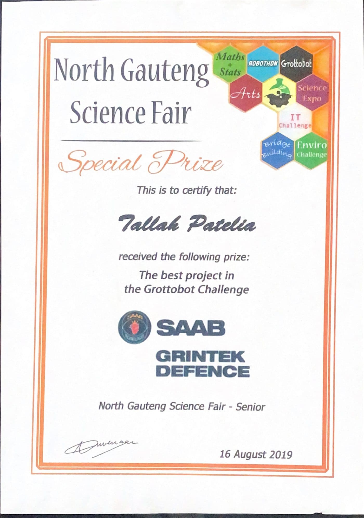 North Gauteng Science Fair special prize certificate for the best project in the GrottoBot Challenge, sponsored by SAAB Grintek Defence