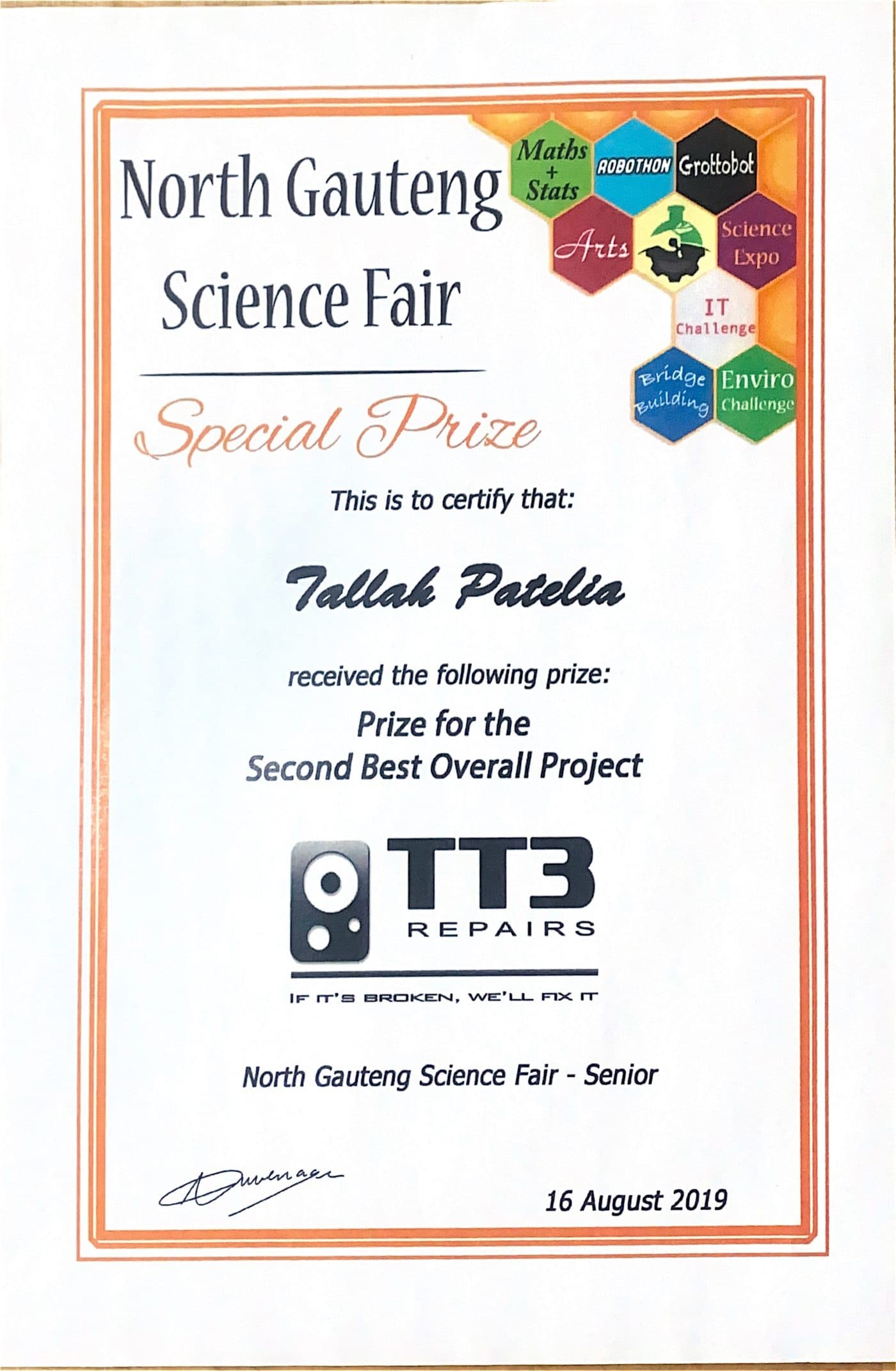 North Gauteng Science Fair special prize certificate for the second best overall project, sponsored by TT3 Repairs