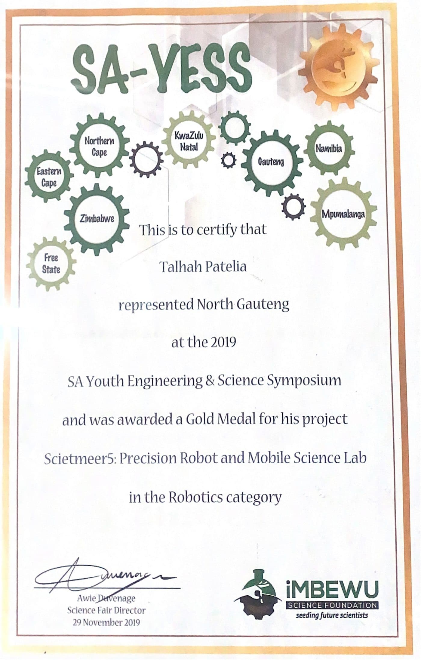 SA-YESS certificate awarding Talhah Patelia a gold medal in the robotics category for Scietmeer