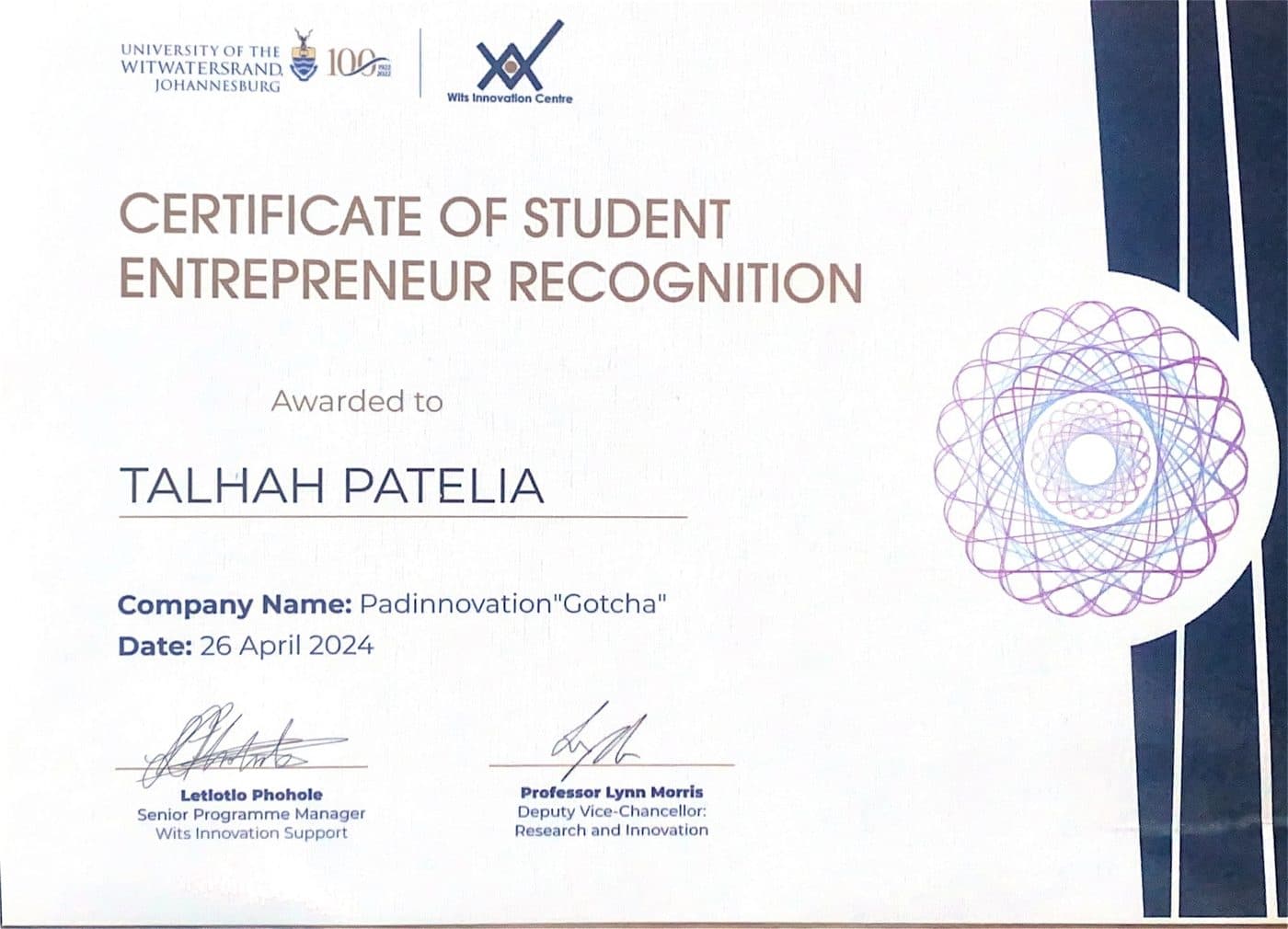 Certificate of Student Entrepreneur Recognition from the Wits Innovation Centre awarded to Talhah Patelia