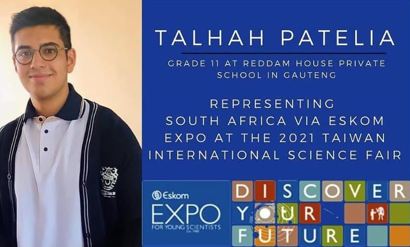 Eskom Expo announcement card showing Talhah Patelia, who was representing South Africa at the 2021 Taiwan International Science Fair