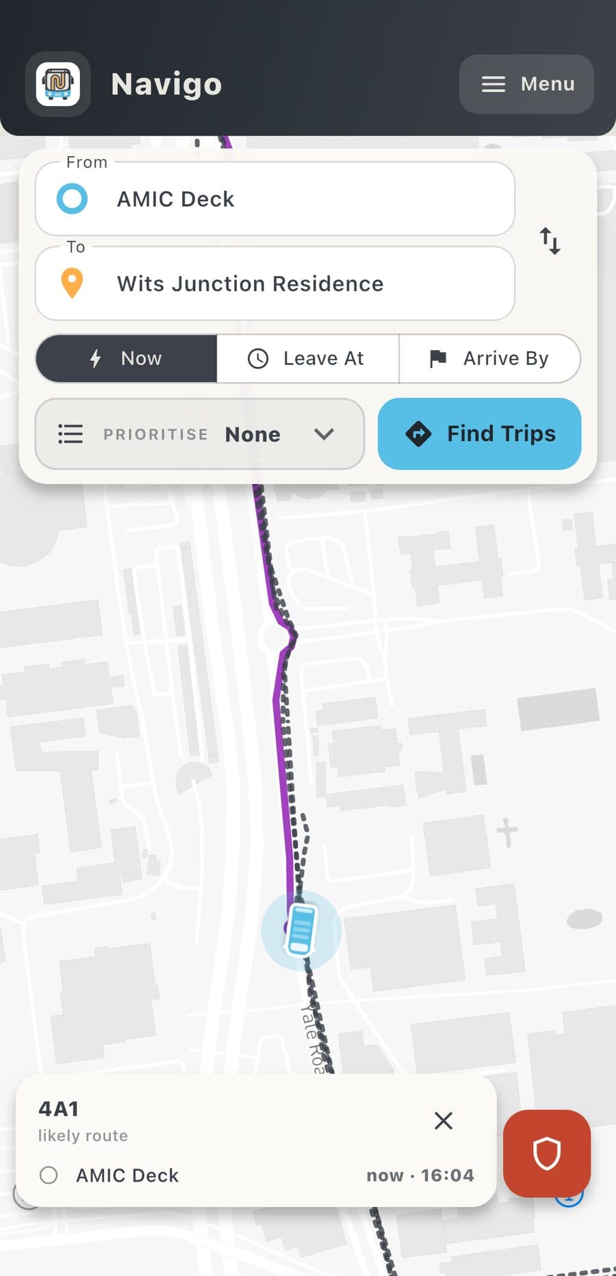 Navigo's map with a route highlighted across the Wits campus