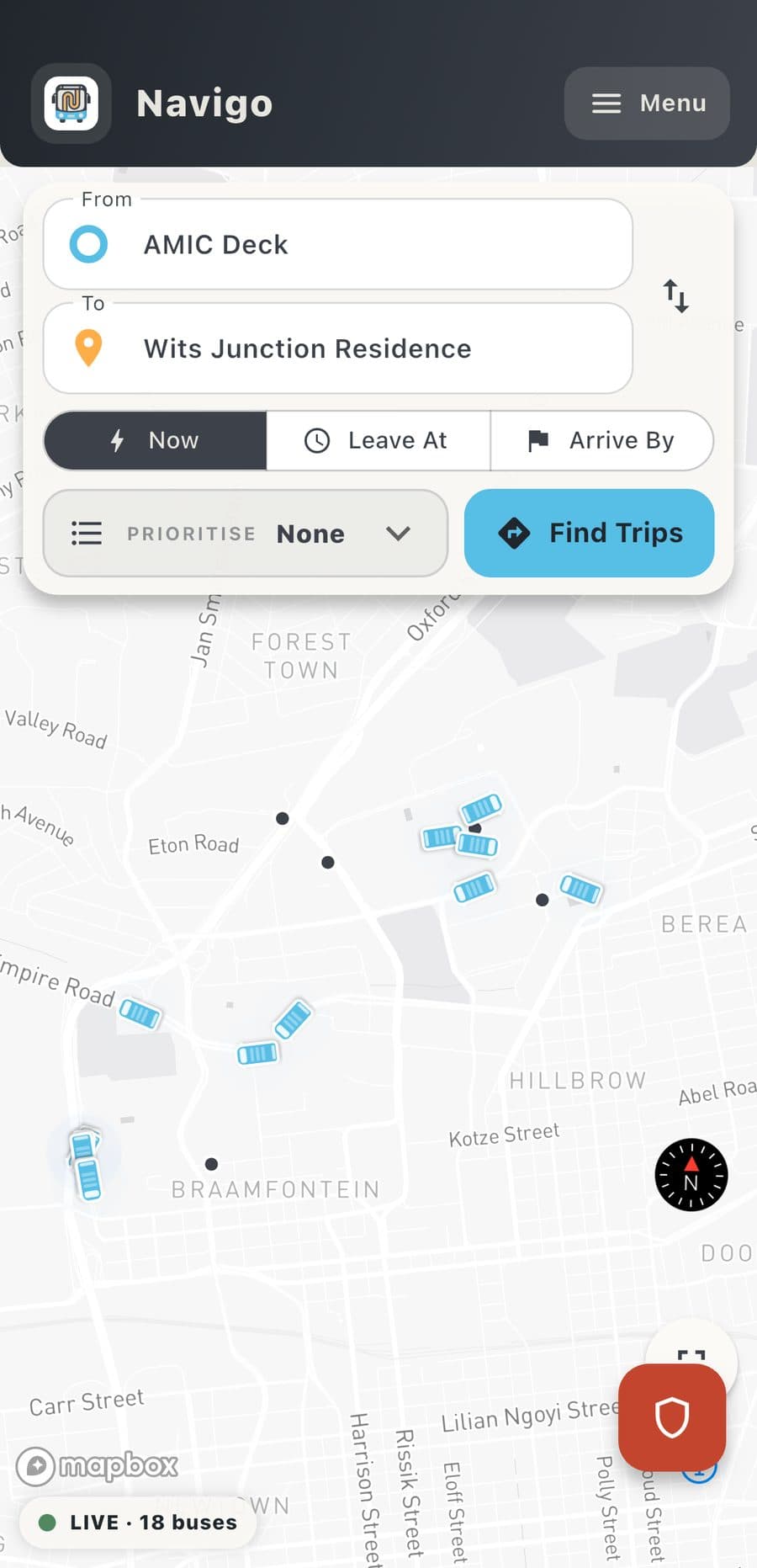 Navigo's trip planner showing a map of the Wits campuses with From and To fields