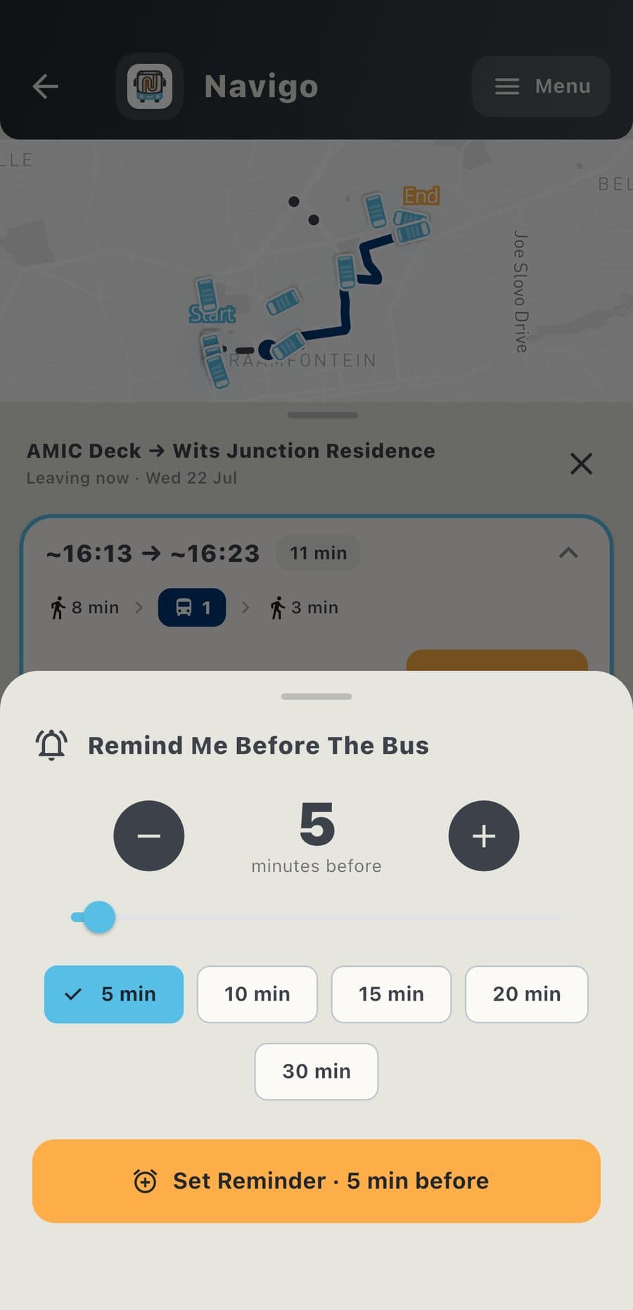 Navigo's reminder settings, offering an alert five, ten, fifteen, twenty or thirty minutes before the bus