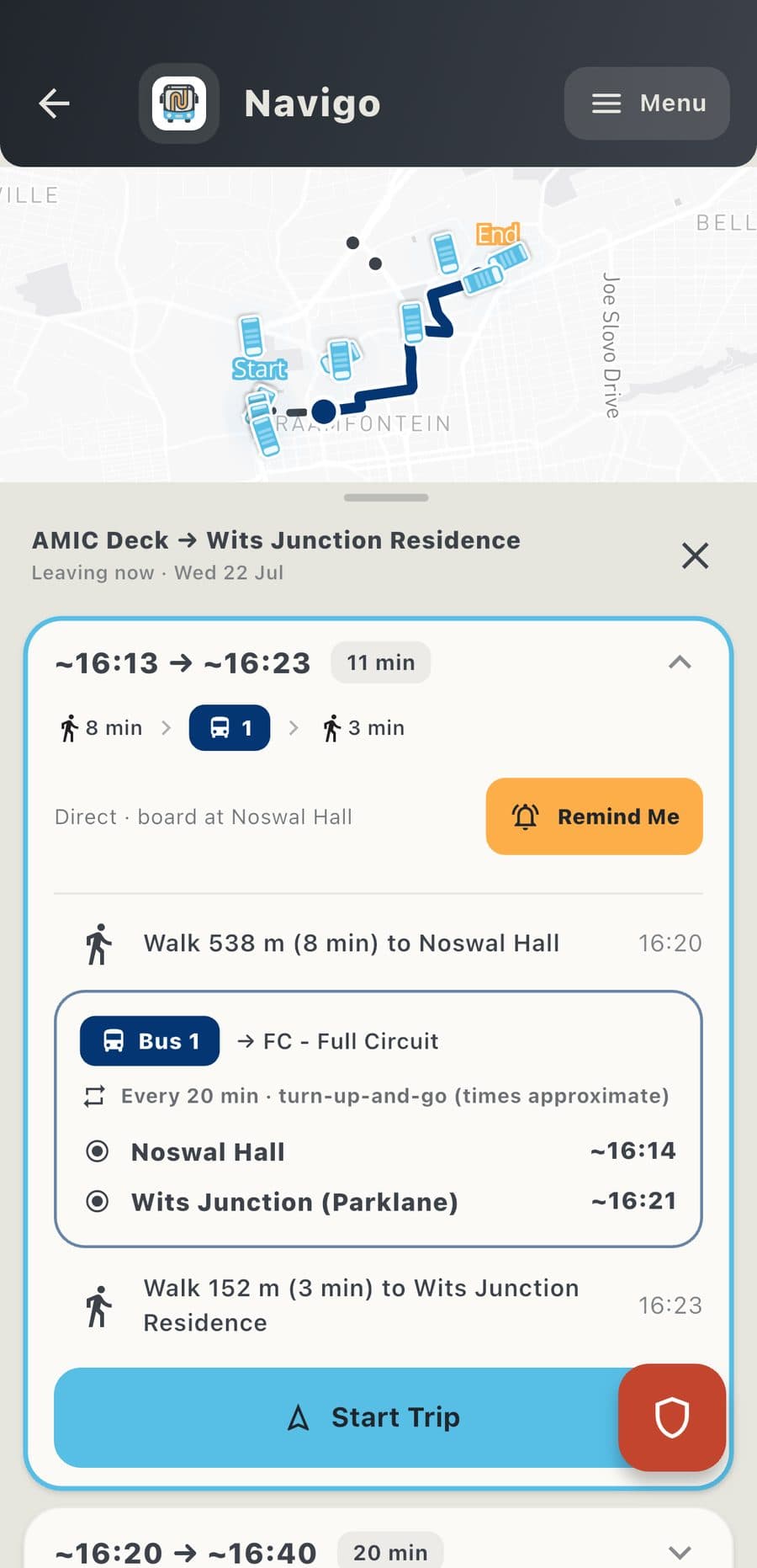 Navigo showing a walking and bus route between AMIC Deck and Wits Junction Residence