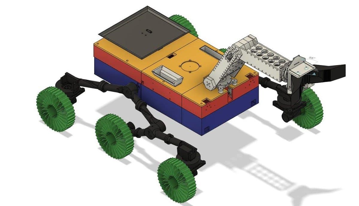 CAD render of Scietmeer, a six-wheeled rover with a robotic arm